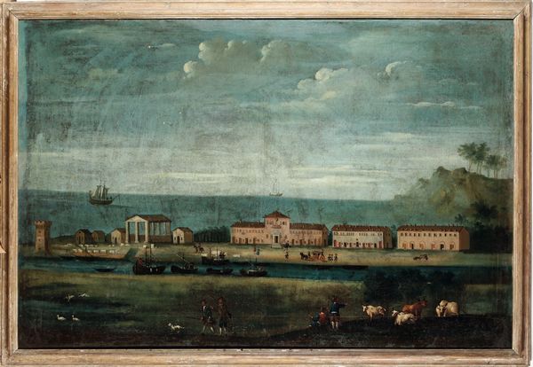 Scuola marchigiana del XVIII secolo Veduta del Porto di Pesaro  - Asta Dipinti Antichi - Associazione Nazionale - Case d'Asta italiane