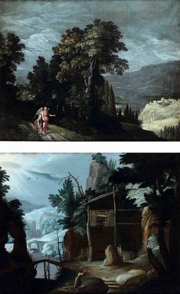 Paul Brill, nei modi di : Paesaggi notturni con monaco al lavoro<BR>Tobiolo e l'Angelo  - Asta Dipinti Antichi - Associazione Nazionale - Case d'Asta italiane