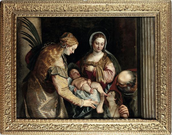 Paolo Caliari detto il Veronese, Bottega di : Sacra Famiglia con San Giovannino e Santa Caterina  - Asta Dipinti Antichi - Associazione Nazionale - Case d'Asta italiane