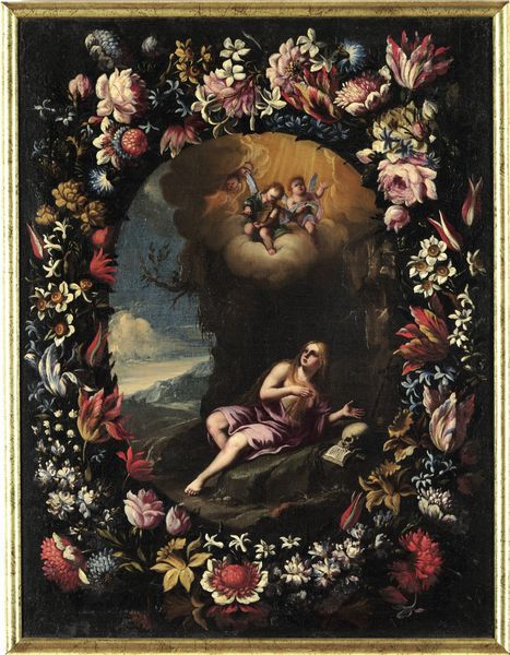 Scuola napoletana del XVII secolo Maddalena in eremitaggio entro ghirlanda di fiori  - Asta Dipinti Antichi - Associazione Nazionale - Case d'Asta italiane
