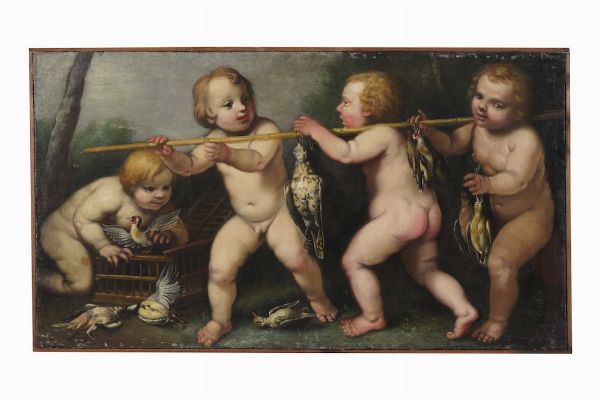 Scuola rudolfina del XVII secolo Giochi di putti  - Asta Dipinti Antichi - Associazione Nazionale - Case d'Asta italiane