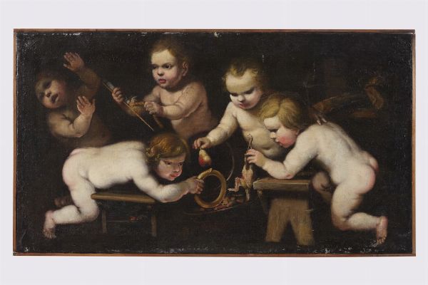 Scuola rudolfina del XVII secolo Giochi di putti  - Asta Dipinti Antichi - Associazione Nazionale - Case d'Asta italiane