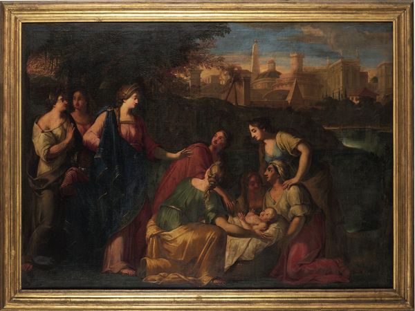 Scuola romana del XVIII secolo Mos salvato dalle acque  - Asta Dipinti Antichi - Associazione Nazionale - Case d'Asta italiane