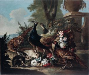 Giovanni Crivelli detto il Crivellino - Veduta di giardino con pavoni, fagiano e coniglietti