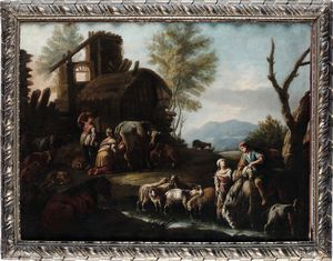 Scuola romana del XVIII secolo Paesaggi con pastori, armenti e architetture  - Asta Dipinti Antichi - Associazione Nazionale - Case d'Asta italiane