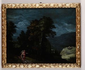 Paul Brill, nei modi di : Paesaggi notturni con monaco al lavoro<BR>Tobiolo e l'Angelo  - Asta Dipinti Antichi - Associazione Nazionale - Case d'Asta italiane