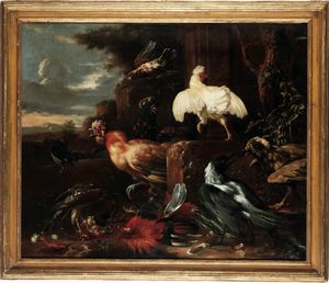 Melchior d'Hondecoeter, Bottega di - Un gallo, galline, un corvo e una poiana in un paesaggio