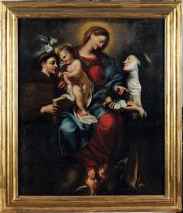Domenico Piola : Madonna col Bambino tra S. Antonio e S. Rosa  - Asta Dipinti Antichi - Associazione Nazionale - Case d'Asta italiane