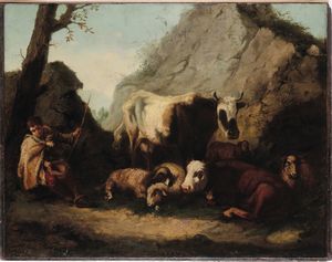 Francesco Londonio, Attribuito a - Paesaggio con pastore e armenti
