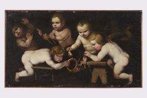 Scuola rudolfina del XVII secolo Giochi di putti  - Asta Dipinti Antichi - Associazione Nazionale - Case d'Asta italiane