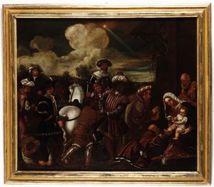 Scuola veneta del XVI secolo Adorazione dei Magi  - Asta Dipinti Antichi - Associazione Nazionale - Case d'Asta italiane