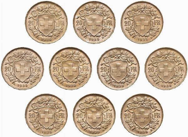 SVIZZERA. DIECI MONETE DA 20 FRANCHI  - Asta AUREA. MONETE E MEDAGLIE IN ORO E UNA SELEZIONE DI MEDAGLIE BORBONICHE - Associazione Nazionale - Case d'Asta italiane