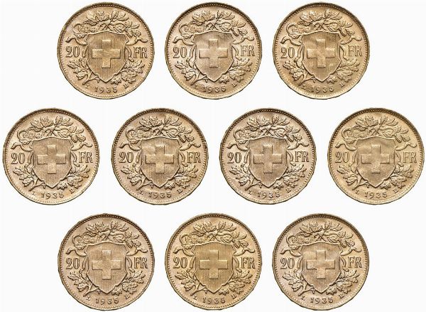 SVIZZERA. DIECI MONETE DA 20 FRANCHI  - Asta AUREA. MONETE E MEDAGLIE IN ORO E UNA SELEZIONE DI MEDAGLIE BORBONICHE - Associazione Nazionale - Case d'Asta italiane