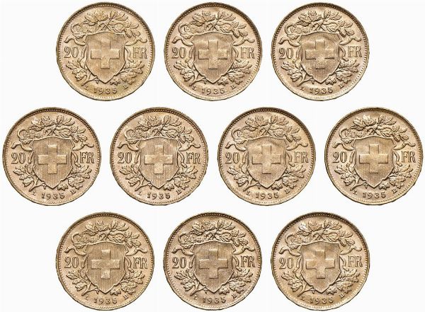 SVIZZERA. DIECI MONETE DA 20 FRANCHI  - Asta AUREA. MONETE E MEDAGLIE IN ORO E UNA SELEZIONE DI MEDAGLIE BORBONICHE - Associazione Nazionale - Case d'Asta italiane