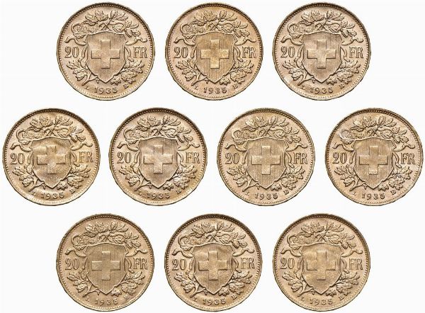 SVIZZERA. DIECI MONETE DA 20 FRANCHI  - Asta AUREA. MONETE E MEDAGLIE IN ORO E UNA SELEZIONE DI MEDAGLIE BORBONICHE - Associazione Nazionale - Case d'Asta italiane