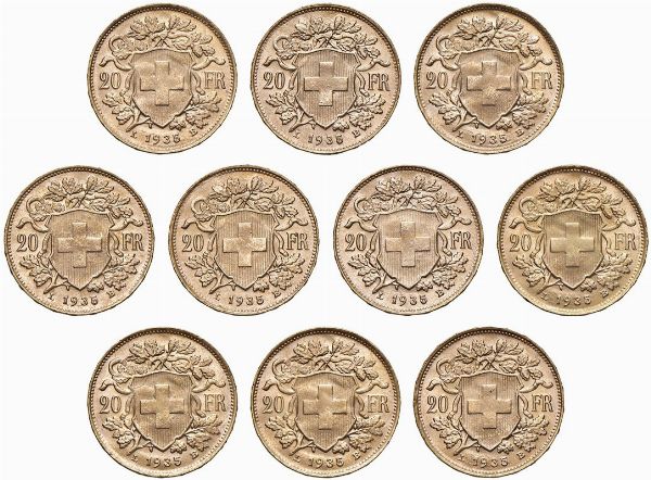 SVIZZERA. DIECI MONETE DA 20 FRANCHI  - Asta AUREA. MONETE E MEDAGLIE IN ORO E UNA SELEZIONE DI MEDAGLIE BORBONICHE - Associazione Nazionale - Case d'Asta italiane