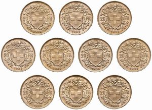 SVIZZERA. DIECI MONETE DA 20 FRANCHI  - Asta AUREA. MONETE E MEDAGLIE IN ORO E UNA SELEZIONE DI MEDAGLIE BORBONICHE - Associazione Nazionale - Case d'Asta italiane