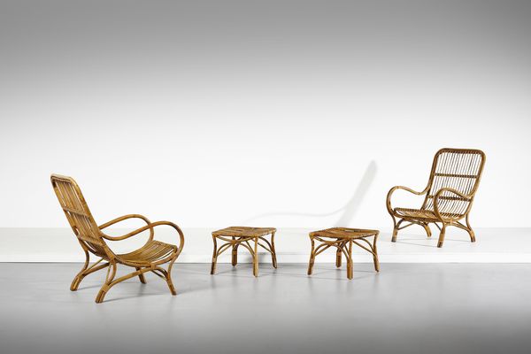 PONTI GIO (1891 - 1979) : attribuito. Lotto composto da una coppia di poltrone con due tavolini da salotto  - Asta DESIGN E ARTI DECORATIVE DEL NOVECENTO - Associazione Nazionale - Case d'Asta italiane