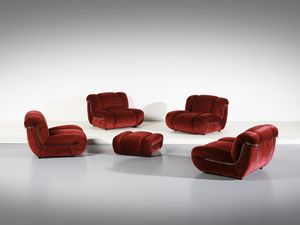 PIAZZESI ADRIANO (1923 - 2009) : attribuito. Quattro poltrone e un piaggiapiedi  - Asta DESIGN E ARTI DECORATIVE DEL NOVECENTO - Associazione Nazionale - Case d'Asta italiane