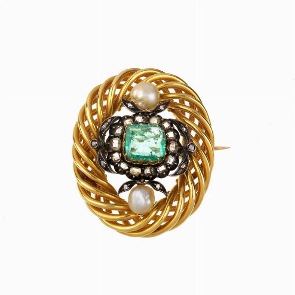 SPILLA A SPIRALE CON SMERALDO PERLE E DIAMANTI  - Asta Gioielli - Associazione Nazionale - Case d'Asta italiane