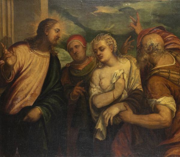 PITTORE ANONIMO : Cristo e l'adultera fine XVII secolo  - Asta Dipinti e Sculture - Associazione Nazionale - Case d'Asta italiane