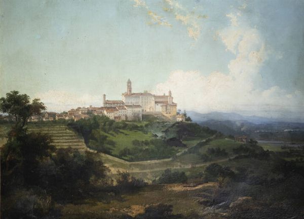 GIUSEPPE CAMINO Torino 1818 - 1890 Caluso (TO) : Paesaggio con Abbazia  - Asta Dipinti e Sculture - Associazione Nazionale - Case d'Asta italiane