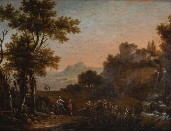 HOET GERARD Zaltbommel 1648-L'Aia 1733 : Paesaggio con figure  - Asta Dipinti e Sculture - Associazione Nazionale - Case d'Asta italiane
