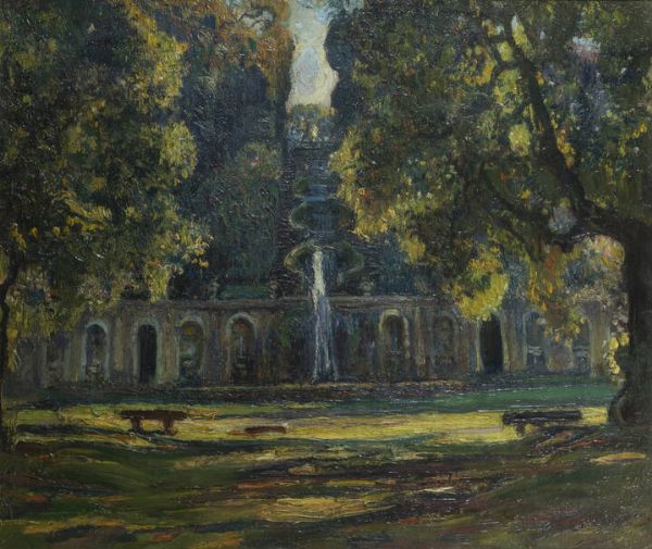 ANDREA TAVERNIER Torino 1858 - 1932 Grottaferrata (RM) : Parco con fontana  - Asta Dipinti e Sculture - Associazione Nazionale - Case d'Asta italiane