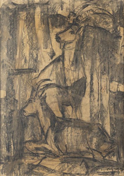 ITALO MUS Chatillon (AO) 1892 - 1967 St.Vincent (AO) : Idillio degli stambecchi  circa 1960  - Asta Dipinti e Sculture - Associazione Nazionale - Case d'Asta italiane