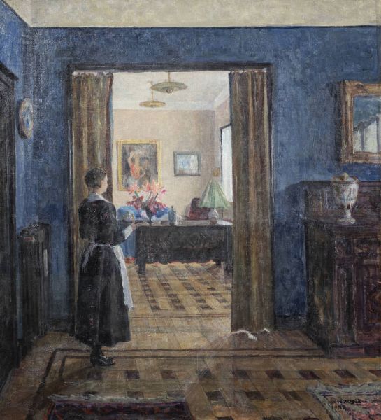 GIUSEPPE MANZONE Asti (AT) 1887 - 1983 : Figura in un interno 1937  - Asta Dipinti e Sculture - Associazione Nazionale - Case d'Asta italiane