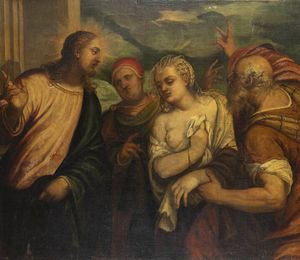 PITTORE ANONIMO - Cristo e l'adultera fine XVII secolo