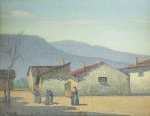 ANGELO RESCALLI Azzanello (CR) 1884 - 1956 Susa (TO) - Casolari con figure