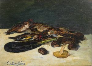GIOVANNI BARTOLENA Livorno 1866 - 1942 - Natura morta con uccelli e castagne