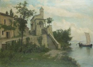 MARCO CALDERINI Torino 1850 - 1941 - Villaggio affacciato sul lago