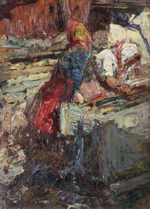 ALESSANDRO LUPO Torino 1876 - 1953 - Studio per il dipinto il lavatoio pubblico di Tignet (Val di Susa) 1920