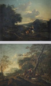 PITTORE ANONIMO DEL XVIII SEC (DA BERCHEM NICOLAS) - a - Paesaggio b - Paesaggio con figure e animali