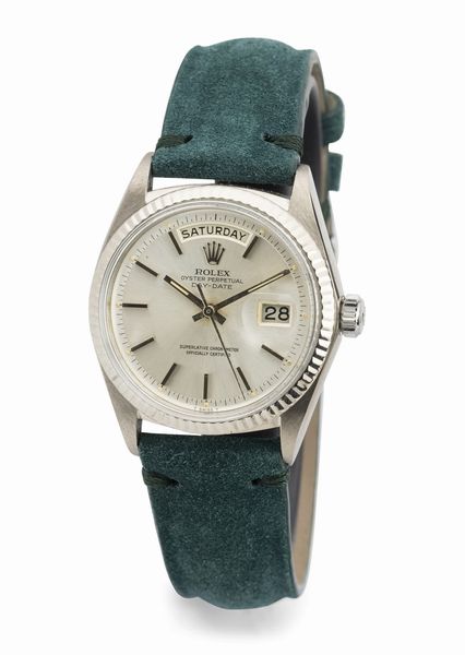 ROLEX : Elegante ed essenziale Daydate ref 1803 in oro bianco 18k, quadrante argent� con indici a bastone applicati, ghiera zigrinata, carica automatica  - Asta Orologi da Polso - Associazione Nazionale - Case d'Asta italiane