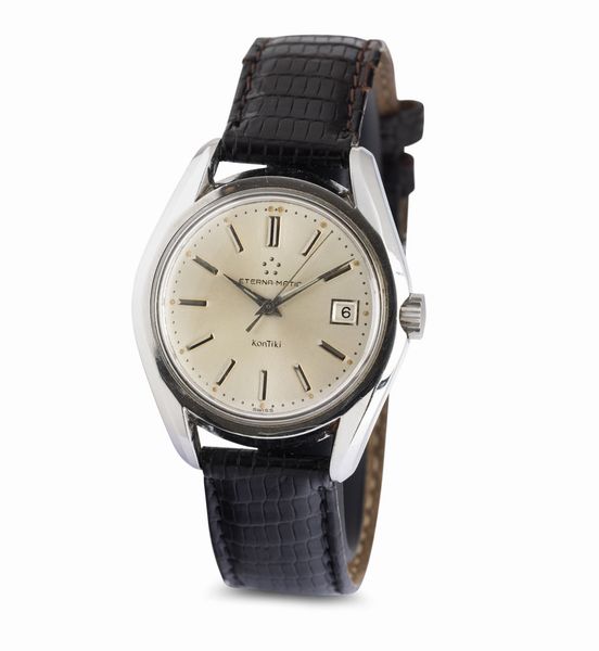 ETERNA : Kontiki impermeabile cassa in acciaio con fondello a vite, quadrante argent� con indici applicati e indicazione della data  - Asta Orologi da Polso - Associazione Nazionale - Case d'Asta italiane