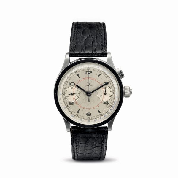 OMEGA : Raro cronografo Omega CK 987 di fine anni �30, cassa oversize in acciaio inossidabile prima serie con azzeramento alla corona, quadrante originale con doppia scala telemetrica e tachimetrica, accompagnato da estratto d�archivio Omega<BR>  - Asta Orologi da Polso - Associazione Nazionale - Case d'Asta italiane