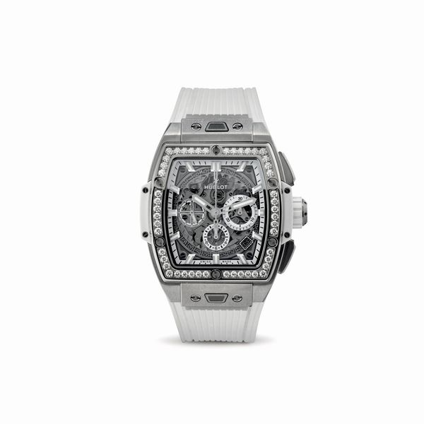 HUBLOT : Estroso ed appariscente Spirt of Big Bang in titanio scheletrato con diamanti sulla cassa, cinturino in gomma con chiusura a scomparsa come nuovo, scatola e garanzia  - Asta Orologi da Polso - Associazione Nazionale - Case d'Asta italiane
