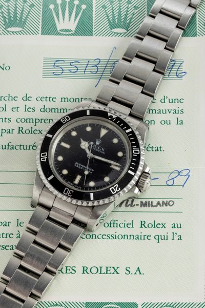 ROLEX : Iconico Submariner ref 5513 in acciaio inossidabile transizionale con vetro plastica e quadrante nero lucido Bicchierini, movimento automatico e bracciale Oyster  - Asta Orologi da Polso - Associazione Nazionale - Case d'Asta italiane