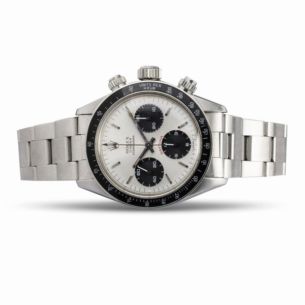 ROLEX : Raro Cosmograph Daytona ref 6263 in acciaio tasti a vite, carica manuale, ghiera tachimetrica in bachelite, quadrante argent�, contatori neri e bracciale Oyster  - Asta Orologi da Polso - Associazione Nazionale - Case d'Asta italiane
