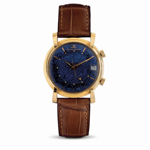 Jaeger-LeCoultre : Raro e attraente orologio da polso svegliarino Memodate in oro giallo 18 kt e quadrante blu effetto lapis e indicazione della data  - Asta Orologi da Polso - Associazione Nazionale - Case d'Asta italiane