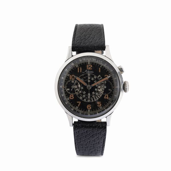 MINERVA : Raro cronografo monopulsante oversize in acciaio staybright  quadrante nero galvanico con numeri Arabi al radio, fondello a scatto carica manuale  - Asta Orologi da Polso - Associazione Nazionale - Case d'Asta italiane