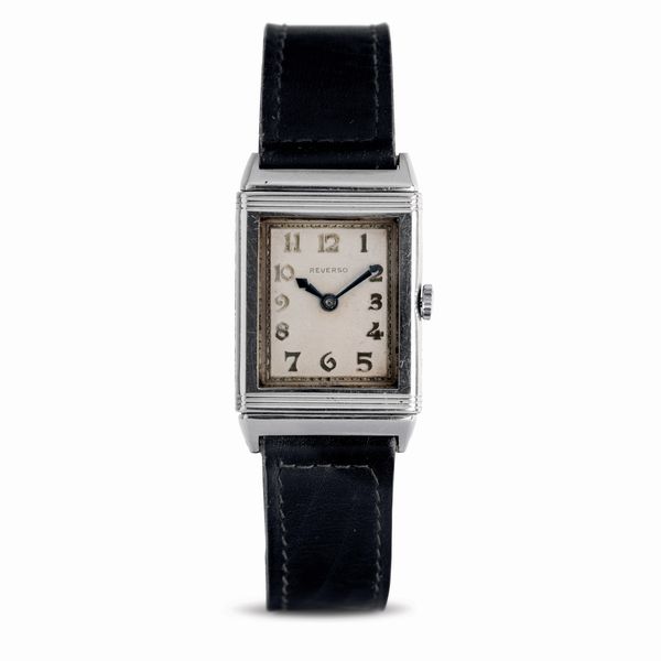 Jaeger-LeCoultre : Elegante e raro Reverso anni '30 in acciaio, quadrante bianco con numeri Dec�, a carica manuale  - Asta Orologi da Polso - Associazione Nazionale - Case d'Asta italiane