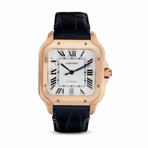 CARTIER : Santos in oro rosa 18k, movimento automatico con quadrante argent� e numeri romani, corredato da scatola e garanzia in ottimo stato di conservazione  - Asta Orologi da Polso - Associazione Nazionale - Case d'Asta italiane