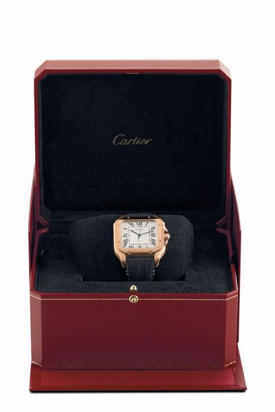 CARTIER : Santos in oro rosa 18k, movimento automatico con quadrante argent� e numeri romani, corredato da scatola e garanzia in ottimo stato di conservazione  - Asta Orologi da Polso - Associazione Nazionale - Case d'Asta italiane