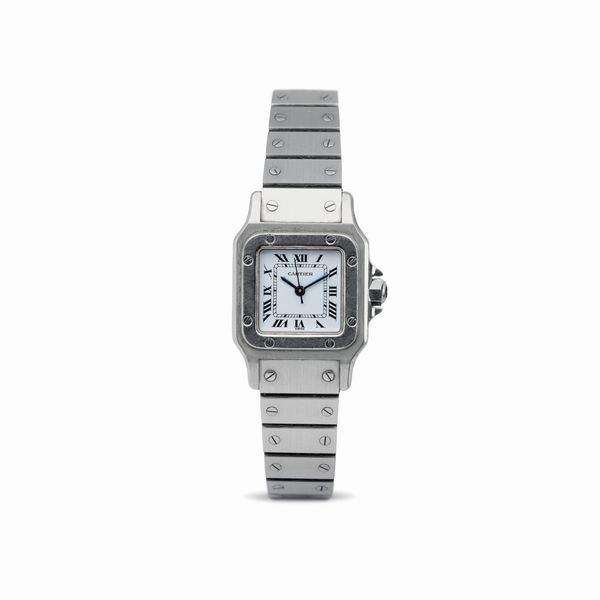 CARTIER : Elegante Santos Carr� lady acciaio automatico, quadrante bianco con numeri Romani e cabochon sulla corona  - Asta Orologi da Polso - Associazione Nazionale - Case d'Asta italiane