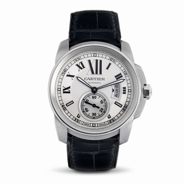 CARTIER : Calibre de Cartier a carica automatica con datario, in acciaio inossidabile, con quadrante argent� con numeri Romani fondo a vista  - Asta Orologi da Polso - Associazione Nazionale - Case d'Asta italiane