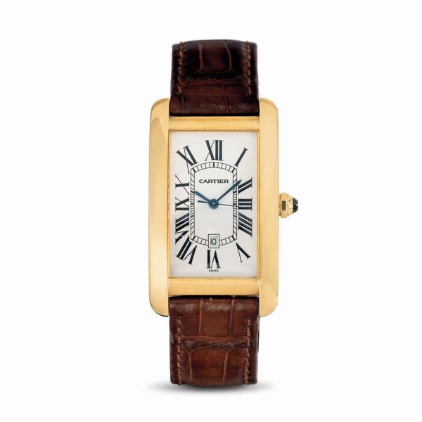 CARTIER : Prestigioso orologio Tank Americaine ref 1740, quadrante a lavorazione flinqu� argentato, lancette a forma di gladio di acciaio azzurrato, con deployante originale  - Asta Orologi da Polso - Associazione Nazionale - Case d'Asta italiane